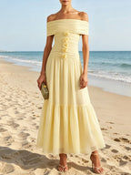 Yellow 3D Floral Chiffon Off The Shoulder Short Sleeve A-Line Maxi Dress