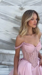 Cocoslly Sweetheart Off-The-Shoulder Long A-Line Split Prom Dress With Rhinestones | Pink Satin ZT0155