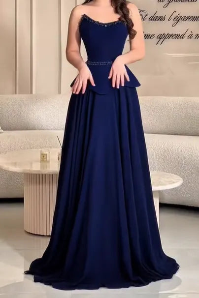Cocoslly Strapless Sleeveless High Waist Long A Line Prom Dress With Beading Pearls | Navy Blue Satin CO0224