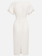 White Faux Pearl Knot Front Classic Boat Neck Short Sleeve Sheath Midi Dress