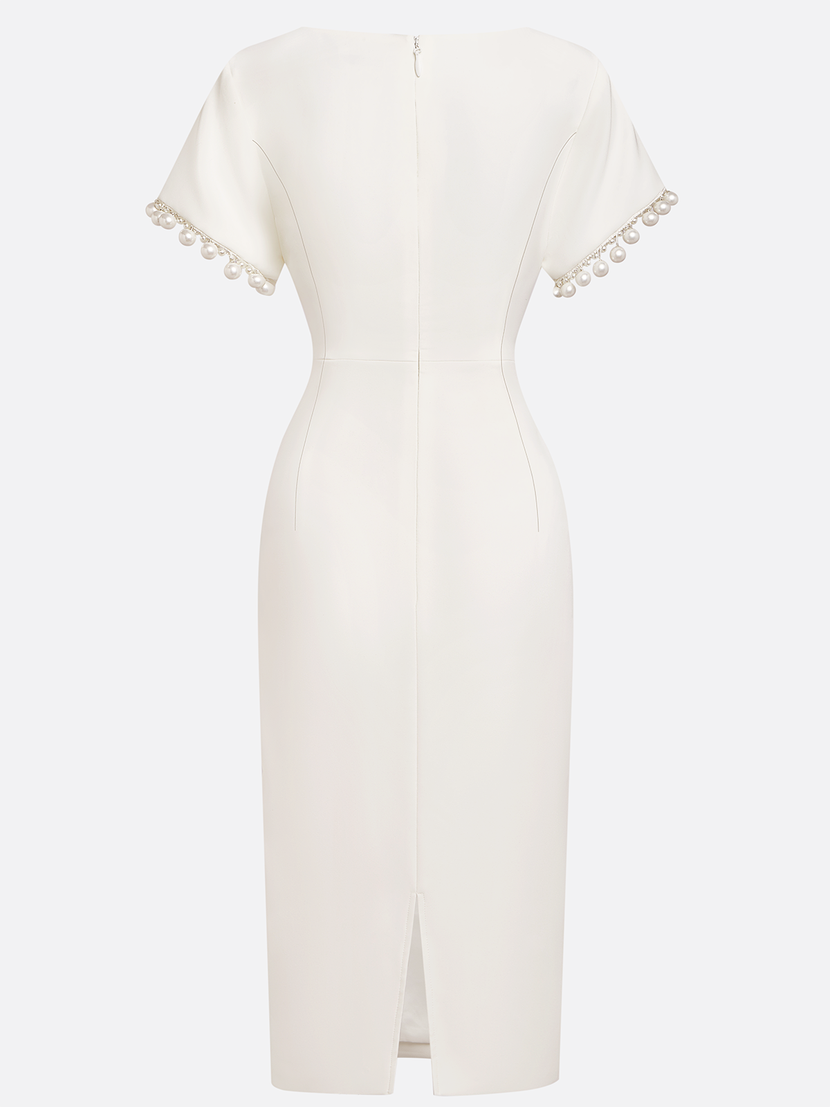 White Faux Pearl Knot Front Classic Boat Neck Short Sleeve Sheath Midi Dress