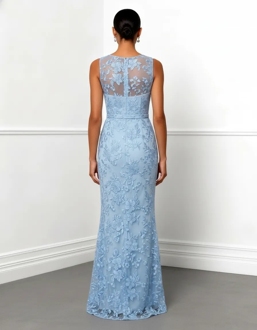 Light Blue Lace Jacquard Boat Neck Sleeveless Mermaid Floor-length Gown Dress