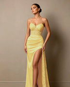 Cocoslly Spaghetti Straps Sleeveless High Waist Long Prom Dress With Split And Beading Pearls | Dark Green Satin LX0098