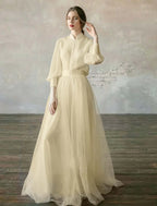 Cocoslly High Neck Long Sleeves High Waist Long Prom Dress | Blushing Pink Tulle LR0409