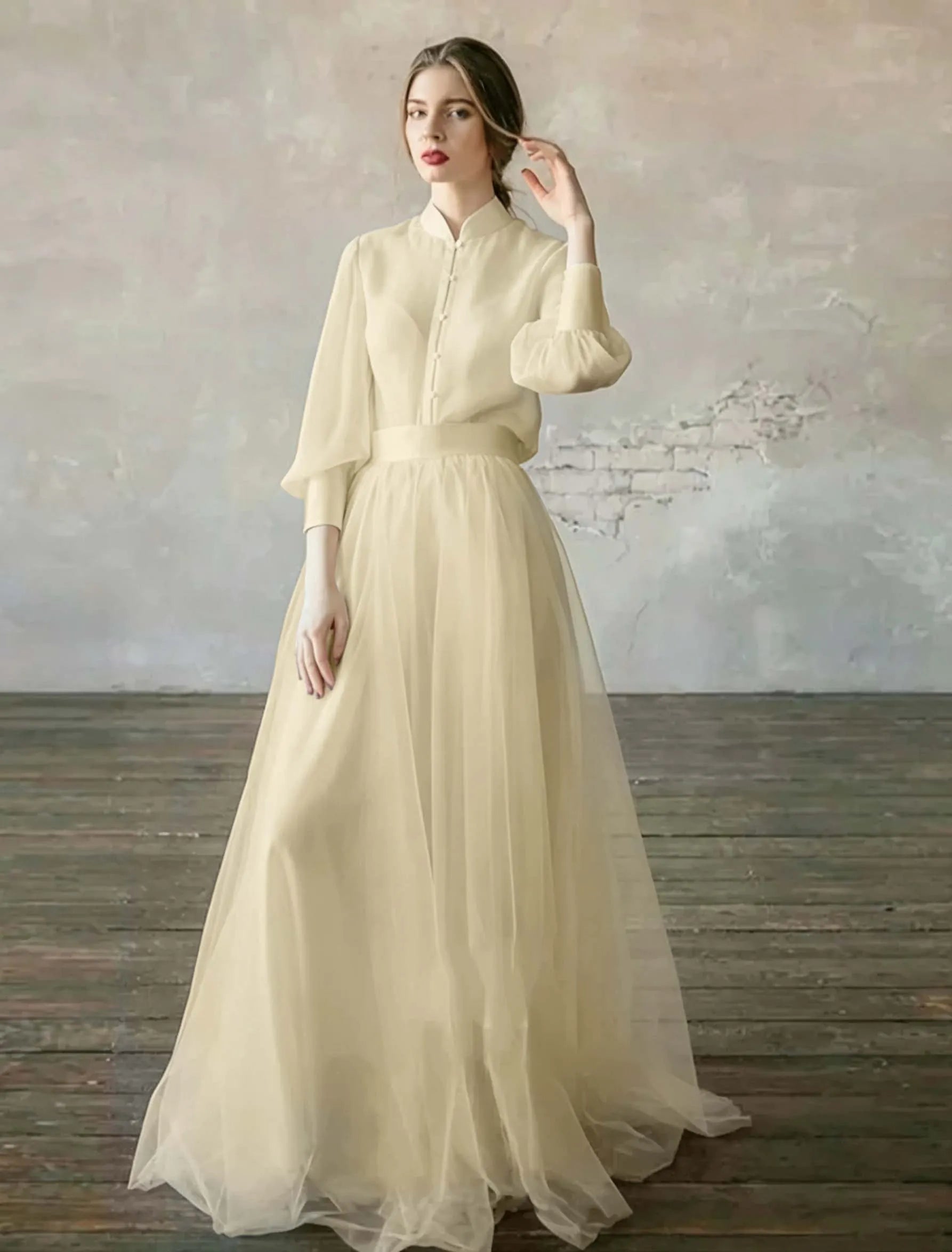 Cocoslly High Neck Long Sleeves High Waist Long Prom Dress | Blushing Pink Tulle LR0409