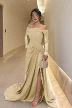 Off the Shoulder Long Sleeves Long Split Prom Dress With Pleated WQ0009