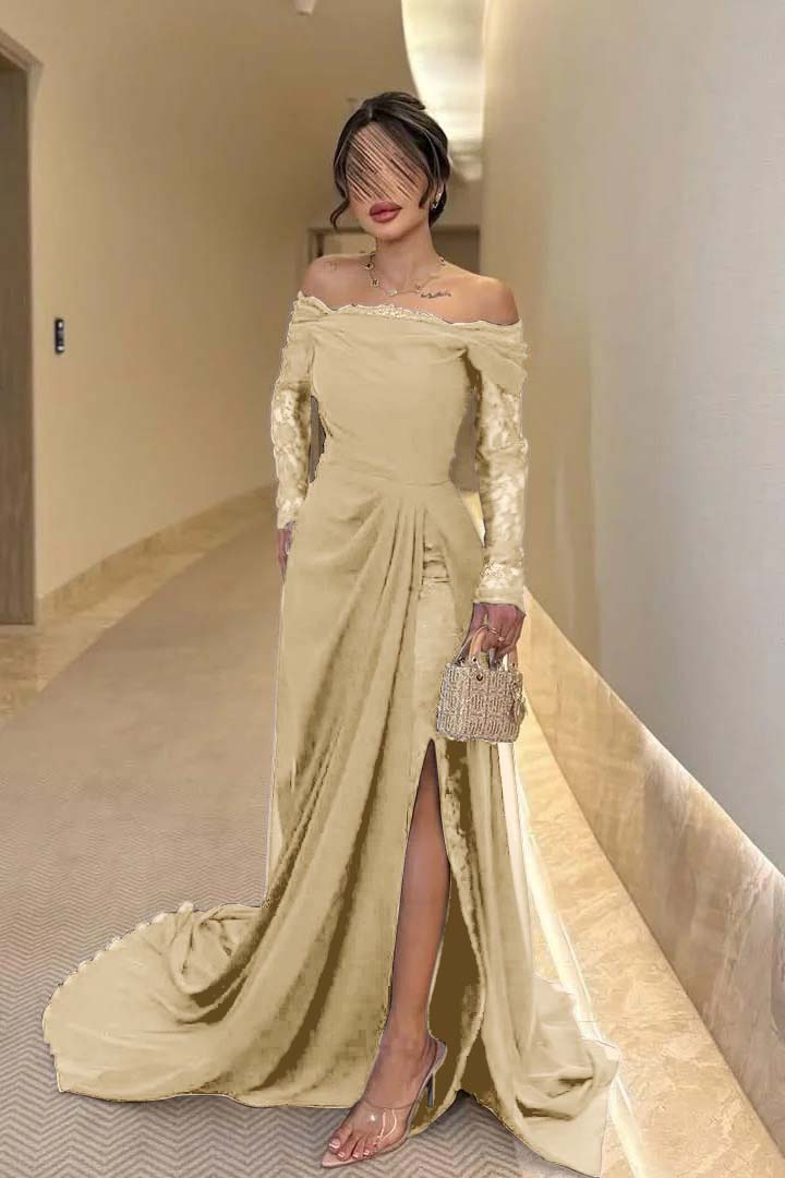 Off the Shoulder Long Sleeves Long Split Prom Dress With Pleated WQ0009