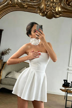 Cocoslly Strapless Sleeveless High Waist Short Prom Dress With Flower | Red Satin ZT0783