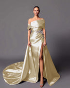 Satin Asymmetric Off-The-Shoulder Sleeveless Long Pleated Mermaid Prom Dress With Appliqués And Split YK0598