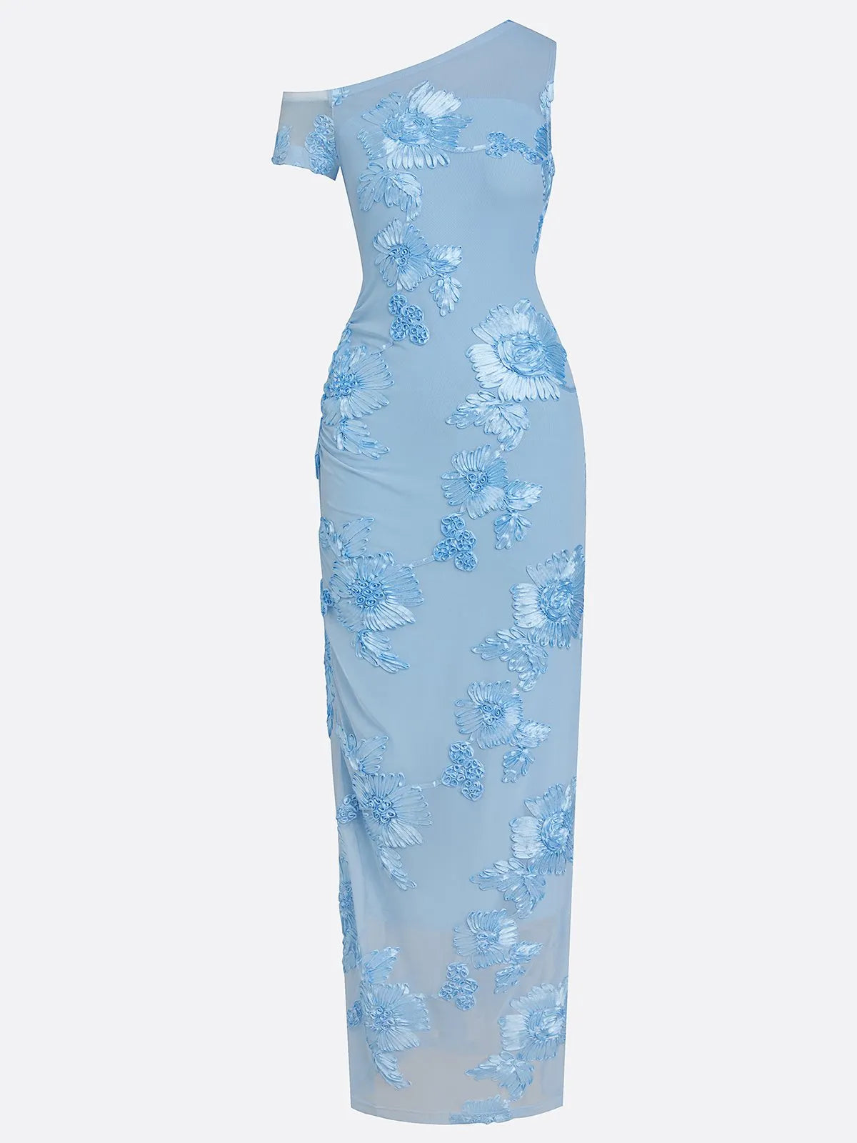Light Blue Jacquard Classic Off The Shoulder Sleeveless Bodycon Floor-length Gown Dress