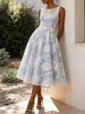 Light Blue Jacquard Floral Classic Boat Neck Sleeveless A-Line Midi Dress