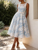 Light Blue Jacquard Floral Classic Boat Neck Sleeveless A-Line Midi Dress