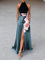 Black Floral Slit Satin Halter Neck Sleeveless A-Line Floor-length Gown Dress