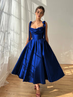 Satin Strapless Spaghetti Straps Sleeveless Pleated A-Line Prom Dress With Pleated And Bows YK0612