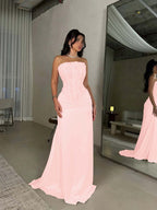 Satin Strapless Sleeveless Long Pleated Mermaid Prom Dress With Flowers And Sequins YK0636