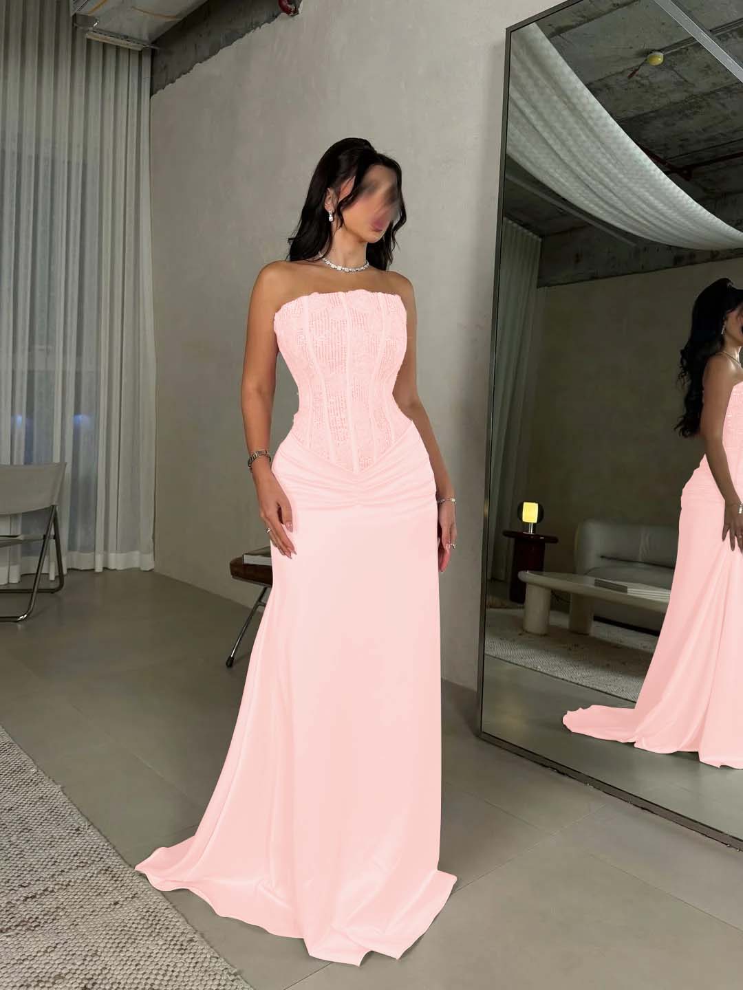 Satin Strapless Sleeveless Long Pleated Mermaid Prom Dress With Flowers And Sequins YK0636