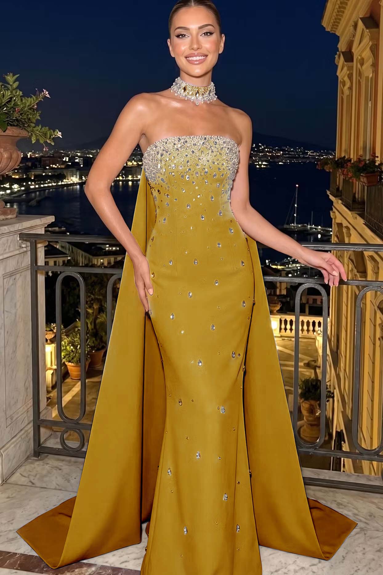 Cocoslly Strapless Sleeveless High Waist Long Mermaid Prom Dress With Rhinstone | Blue Satin YC0546