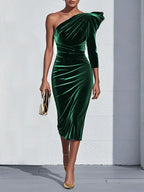Green One Shoulder Three Quarter Sleeve Sheath Midi Velvet Dress