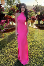 Cocoslly High Neck Sleeveless High Waist Long Mermaid Prom Dress | Fuchsia Satin XJ0757