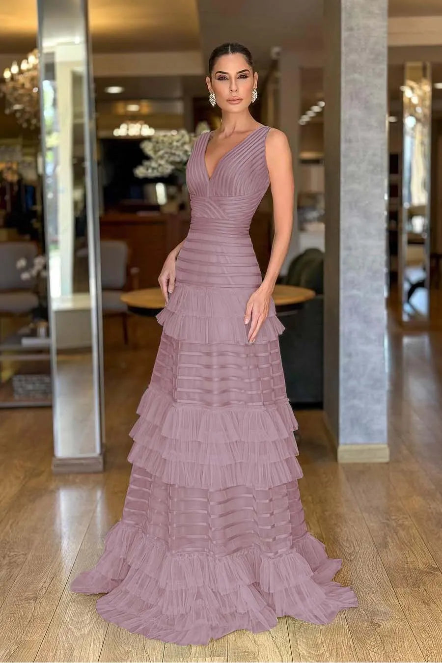 Tulle V-Neck Wide Shoulder Straps Sleeveless Long A-Line Prom Dress With Ruffles And Pleated WQ0149