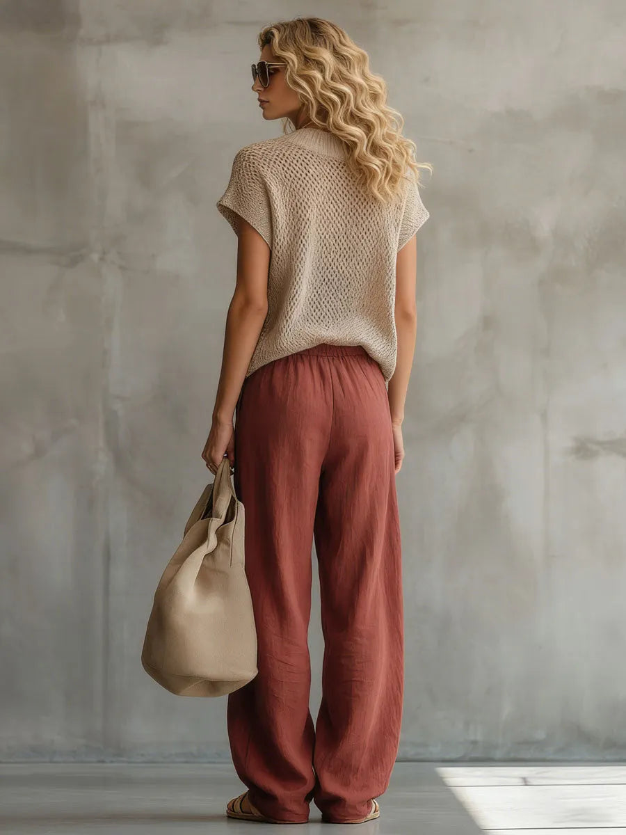 Retro Brick Red Cotton and Linen Wide-leg Pants