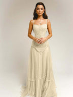 Tulle Square Neck Spaghetti Straps Strapless Sleeveless Long A-Line Prom Dress With Beadings YK0789
