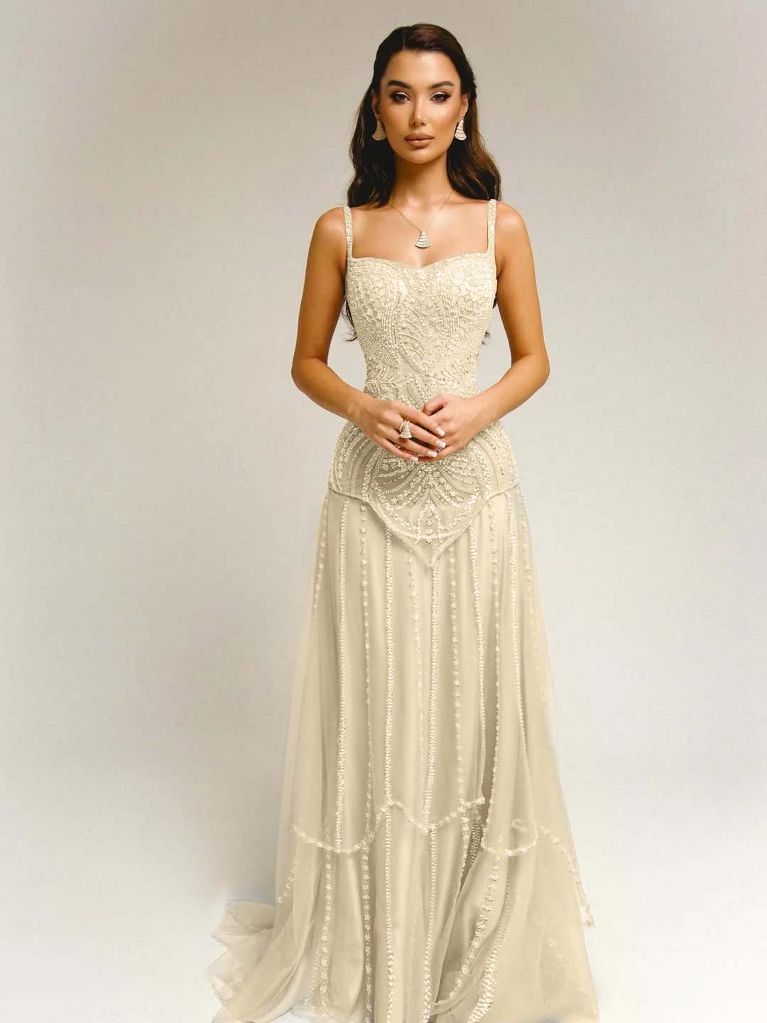 Tulle Square Neck Spaghetti Straps Strapless Sleeveless Long A-Line Prom Dress With Beadings YK0789