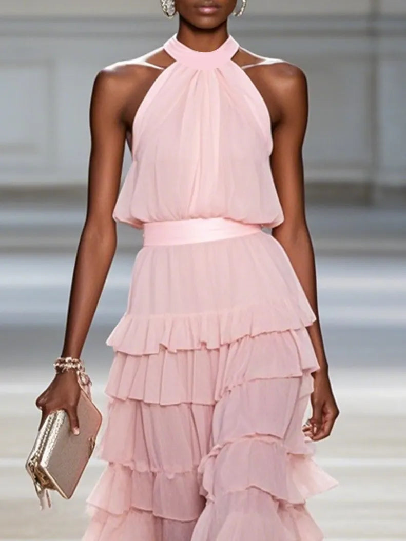 Pink Ruffle Tiered Chiffon Halter Neck Sleeveless A-Line Two-piece Set Top with Skirt