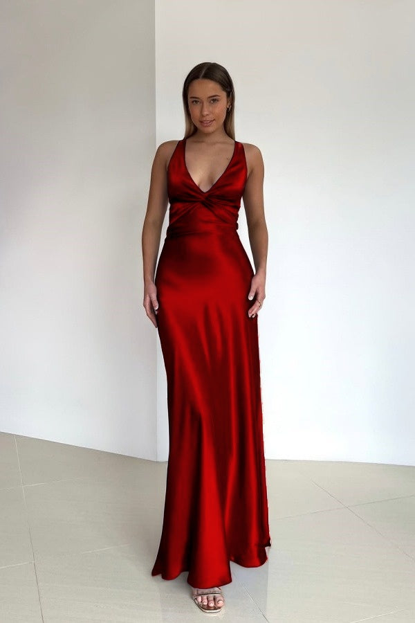 Cocoslly Halter V-Neck Sleeveless High Waist Long Prom Dress | Royal Blue Satin ZT0693