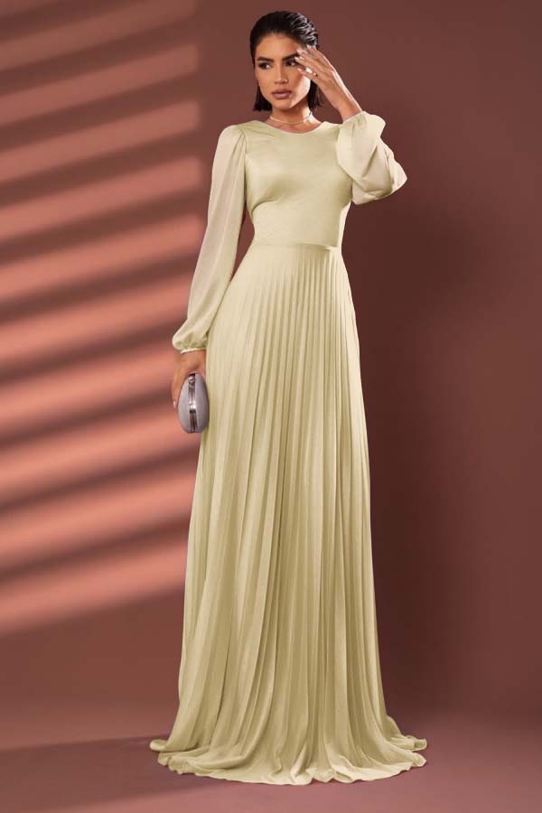 Chiffon Jewel Neck Long Sleeves Long Prom Dress With Pleated WQ0258