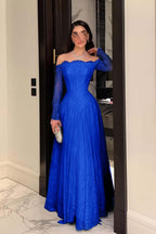 Cocoslly Strapless Long Sleeves High Waist Long Prom Dress With Pleated | Ink Blue Lace YC0488