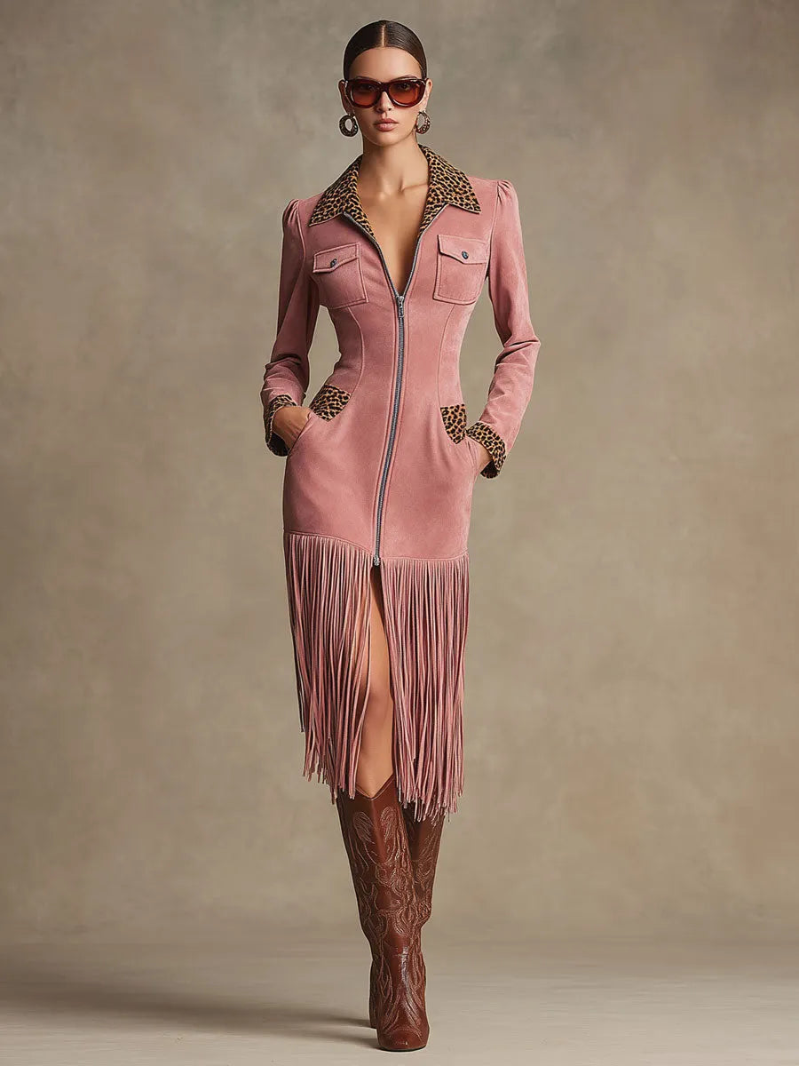 Western Retro Leopard Print Pink Faux Suede Zipper Tassel Midi Dress