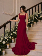 Cocoslly Wide Straps Square Neck Sleeveless High Waist Long Prom Dress With Pleated | Daffodil Chiffon YK1259