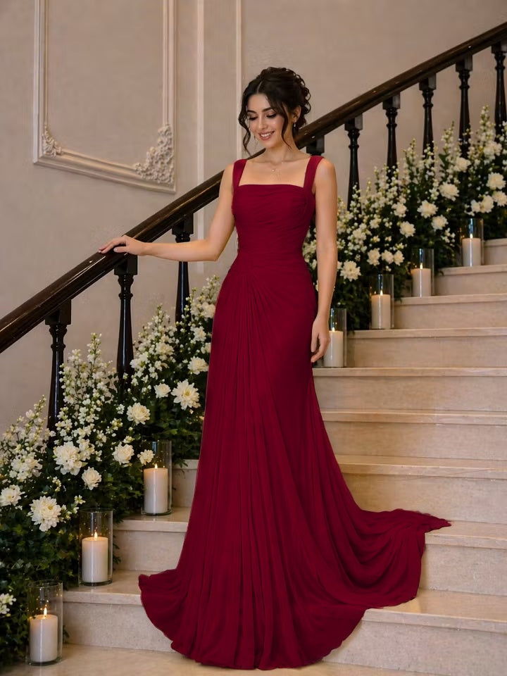 Cocoslly Wide Straps Square Neck Sleeveless High Waist Long Prom Dress With Pleated | Daffodil Chiffon YK1259