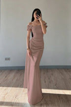Cocoslly Off-The-Shoulder Sleeveless High Waist Long Mermaid Prom Dress | Baby Blue Satin ZT0711