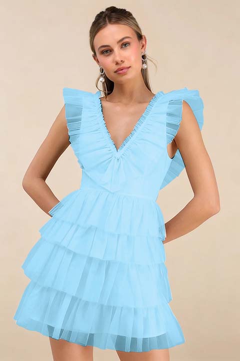 Cocoslly V-Neck Wide Straps Sleeveless Short A-Line Pleated Prom Dress With Ruffles | Black Tulle ZA0212