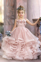 Cocoslly Spaghetti Straps  Sleeveless Flower Girl Dress With Appliques And Rhinstone | Dusty Blue Tulle FL0020