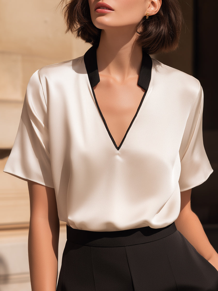 Contrast Trim Satin V-Neck Relaxed Blouse