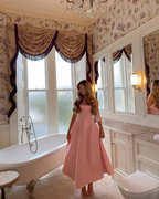 Cocoslly Wide Strapless Sleeveless High Waist Long Prom Dress With Pleated | Pink Satin LX0097