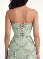 Cocoslly Strapless Sleeveless High Waist Long Prom Dress With Rhinstone | Dusty Sage Chiffon LX0090