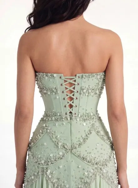 Cocoslly Strapless Sleeveless High Waist Long Prom Dress With Rhinstone | Dusty Sage Chiffon LX0090