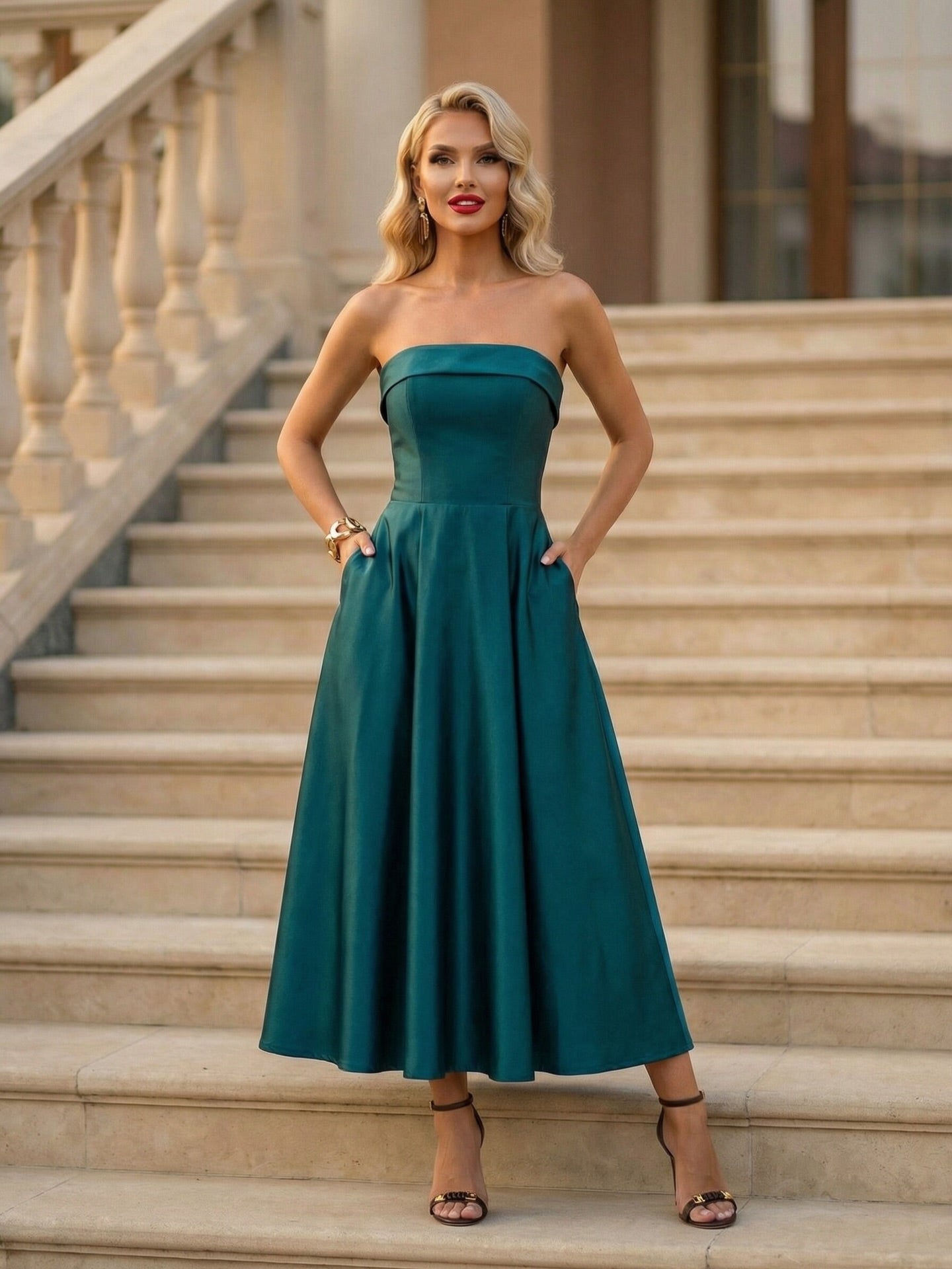 Cocoslly Strapless Sleeveless Long A Line Prom Dress | Dusty Green Satin CO0064