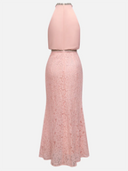 Pink Cotton Rhinestone Ruched Lace Halter Crew Neck Sleeveless Mermaid Floor-length Gown Dress