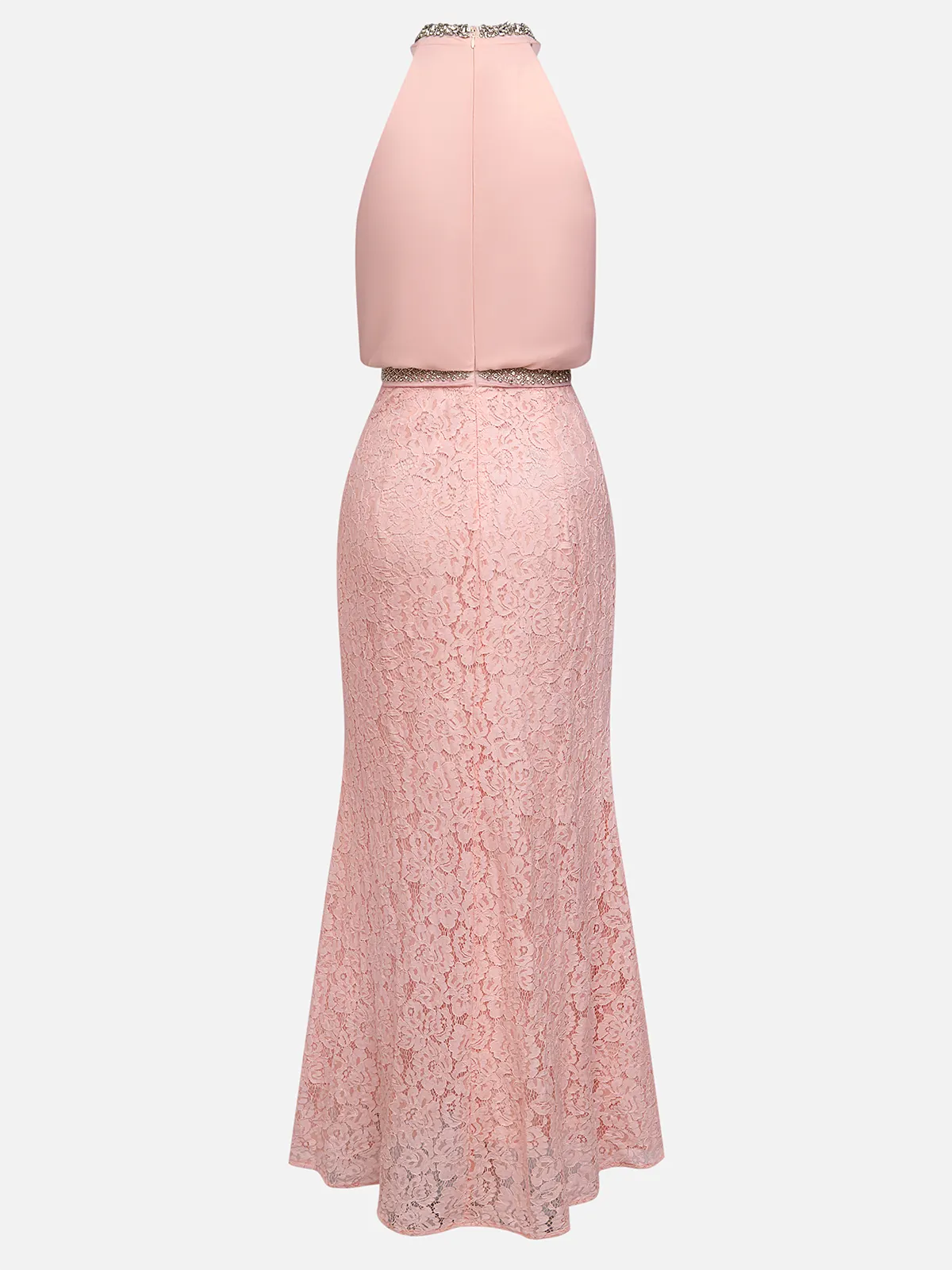Pink Cotton Rhinestone Ruched Lace Halter Crew Neck Sleeveless Mermaid Floor-length Gown Dress