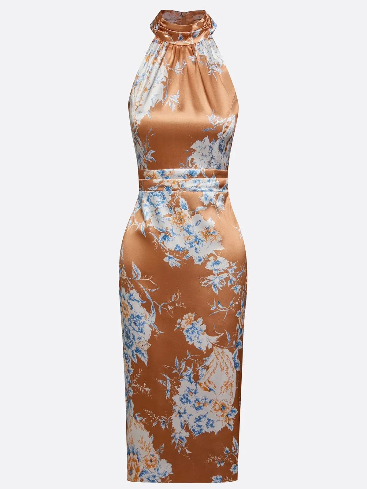Brown Floral Satin Halter Sleeveless Sheath Midi Dress