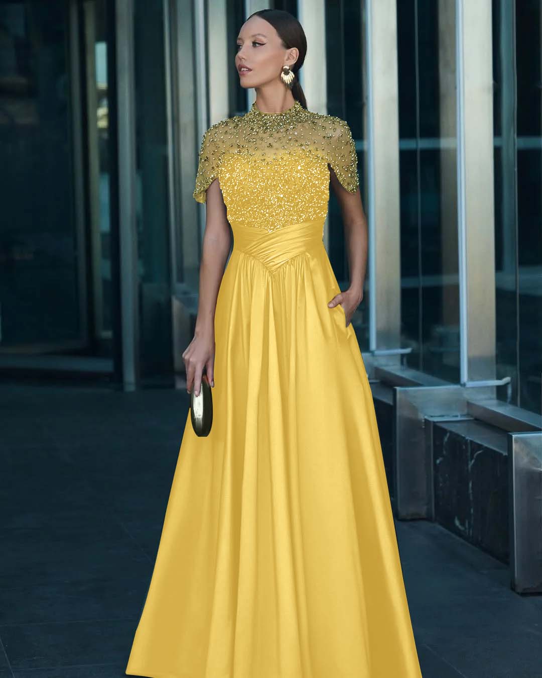 Tulle And Satin High-Neck Short Sleeves Long A-Line Pleated Prom Dress With Pockets And Beadings YK0542