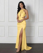 Cocoslly Halter Sleeveless High Waist Long Prom Dress With Split And Pleated | White Satin LX0111