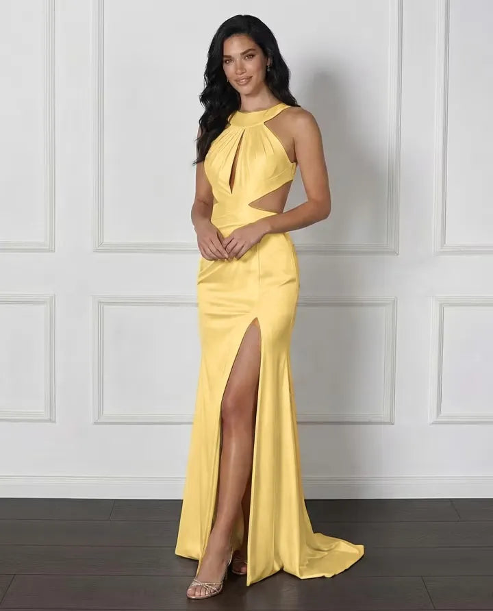 Cocoslly Halter Sleeveless High Waist Long Prom Dress With Split And Pleated | White Satin LX0111