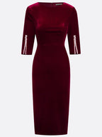 Wine Red Faux Pearl Velvet Boat Neck Half Sleeve Sheath Midi Dress