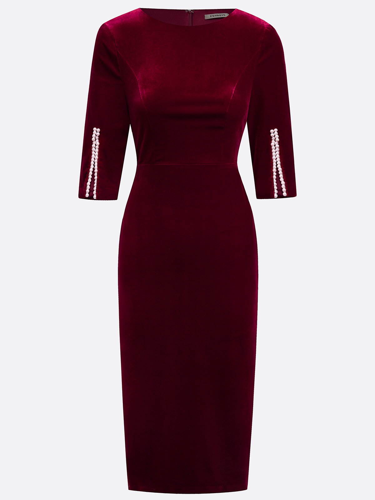 Wine Red Faux Pearl Velvet Boat Neck Half Sleeve Sheath Midi Dress